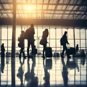 Assicurazione annullamento viaggio per motivi di lavoro. Un uomo in giacca e cravatta sta davanti a un computer, mentre legge un documento.