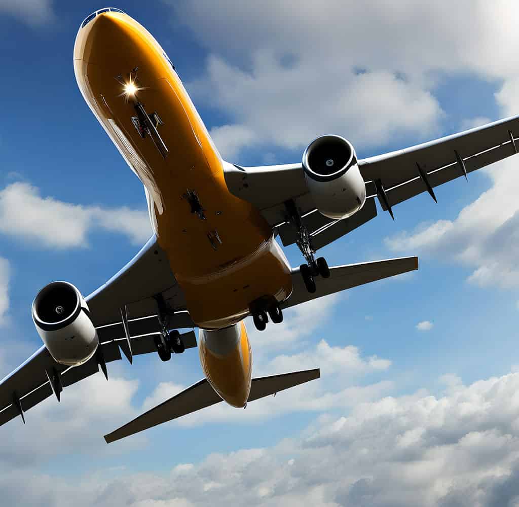 Un aereo in volo ripreso dal basso