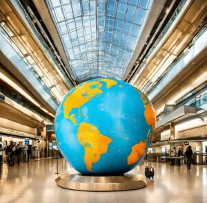 Immagine di un globo in un aeroporto, simboleggia i viaggi e la sicurezza della Assicurazione completa viaggio: