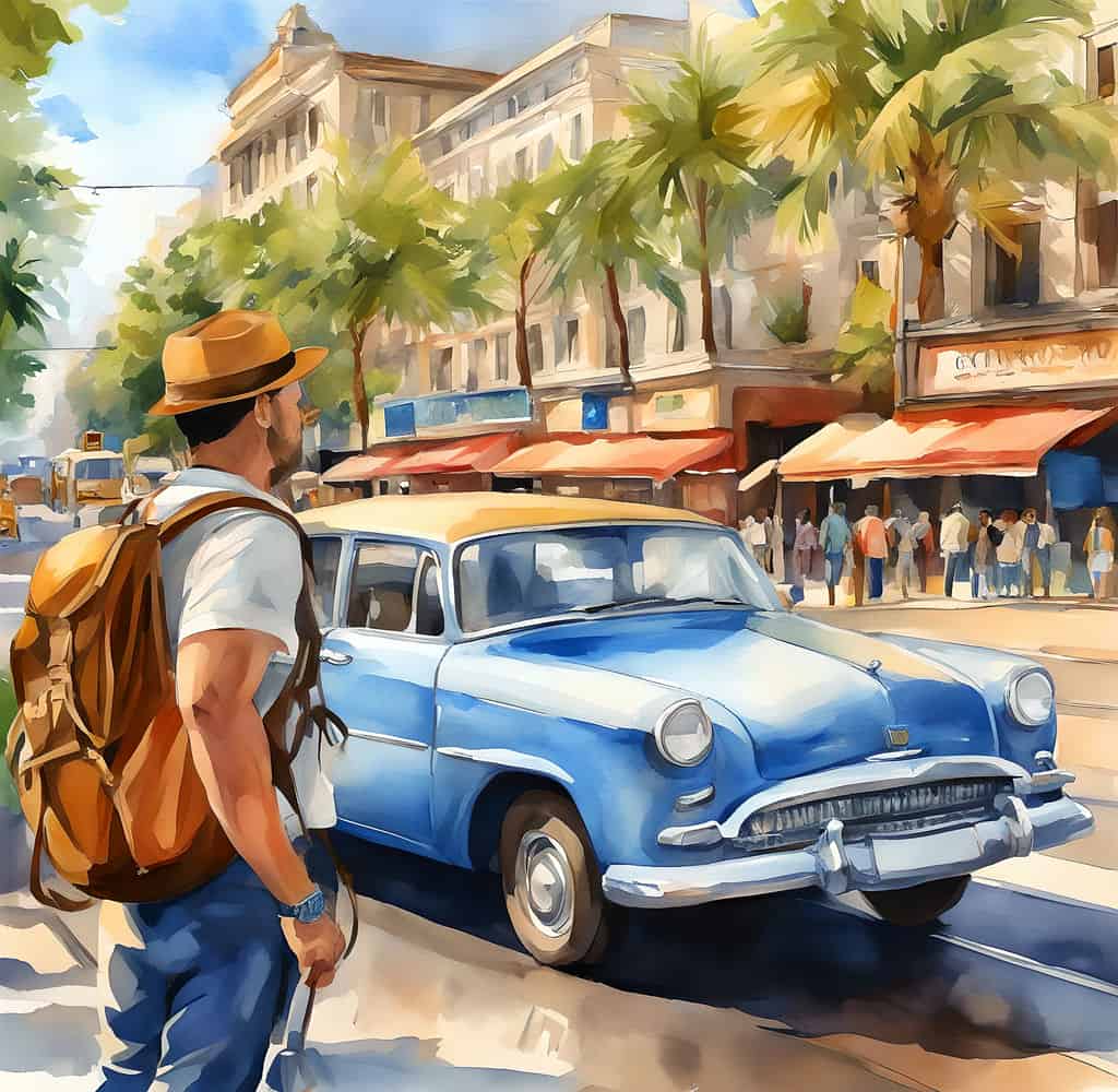La assicurazione di viaggio low cost copre anche questa persona in paese come Cuba rappresentata nell'immagine con un'auto anni 50.