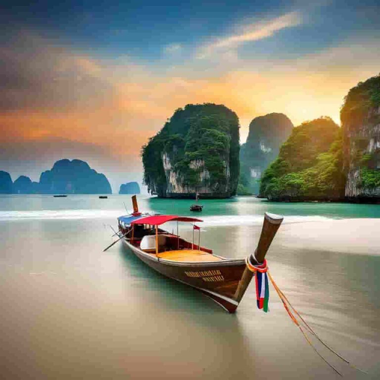 Barca su una spiaggia Thailandese, un paesaggio che è possibile visitare con la tranquillità della assicurazione estero