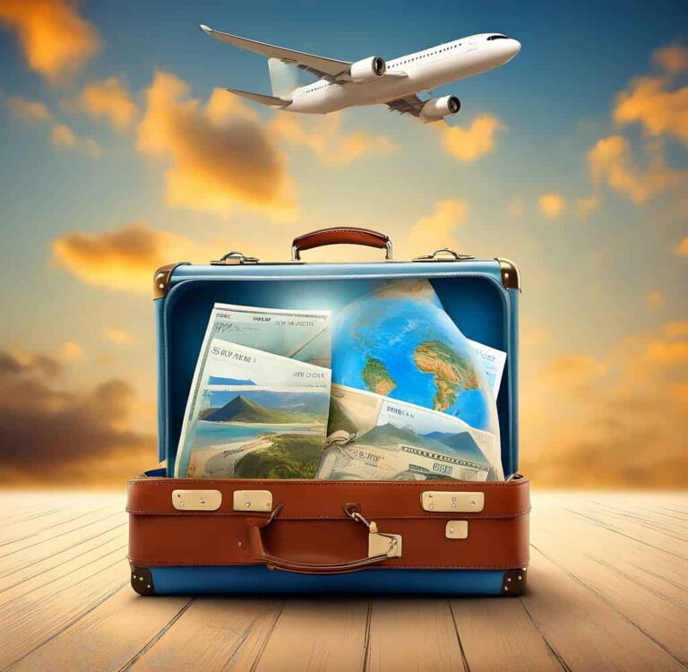 valigia aperta con un'immagine della località di destinazione all'interno, rappresenta i viaggi all'estero