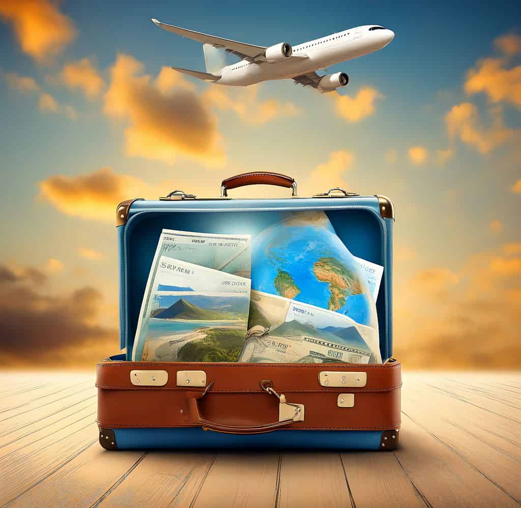 valigia aperta con un'immagine della località di destinazione all'interno, rappresenta i viaggi all'estero