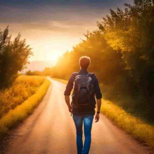Persona in viaggio a piedi verso il tramonto, se non fosse partito avrebbe utilizzato la assicurazione per rinuncia viaggio