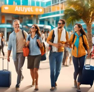 Amici in viaggio appena fuori dall'aeroporto sperano di non usare la assicurazione rimpatrio sanitario.