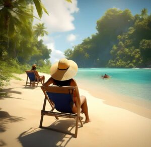 Persone in spiaggia, una chiede all'altra assicurazione sanitaria estero consigli e opinioni.
