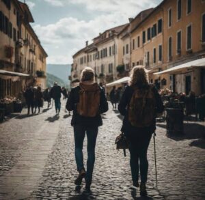 Due viaggiatori mentre camminano in città tutelati dalle loro assicurazioni viaggio con pagamento diretto